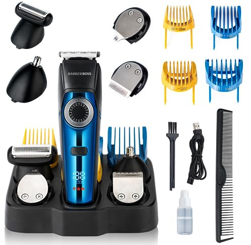 BarberBoss Men's 5 in 1 Grooming Kit, Precision Trimming for Nose, Ear, Hair, Beard, and Body with 39 Length Settings, Precision Control Dial, USB Rechargeable, 100% Waterproof and LED Display