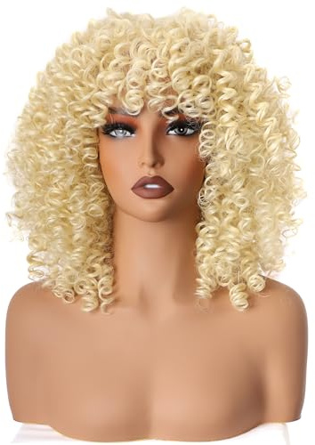 Colorfulpanda Afro Perücke Blond Damen, hellblond Synthetische Wellige Lockige Natürliche Haar für Frauen, Kinky Curly mit Pony kurze Perücken für alltagstauglich Cosplay