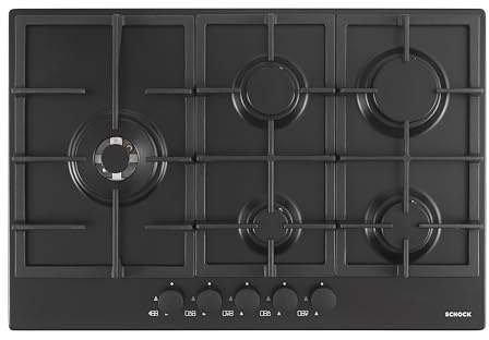 SCHOCK | Plateau de cuisson 5 feux professionnels PC75, grilles en soucoupe avec finition fonte, vannes de sécurité, noir mat, 740 x 500 mm