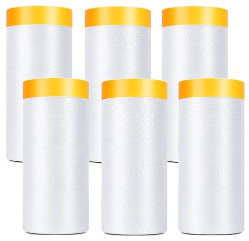 HOUSLUX Lot de 6 rouleaux de film de masquage, transparent, 110 cm x 20 m, avec ruban adhésif en tissu, film de masquage autocollant pour peintre, protection contre la poussière