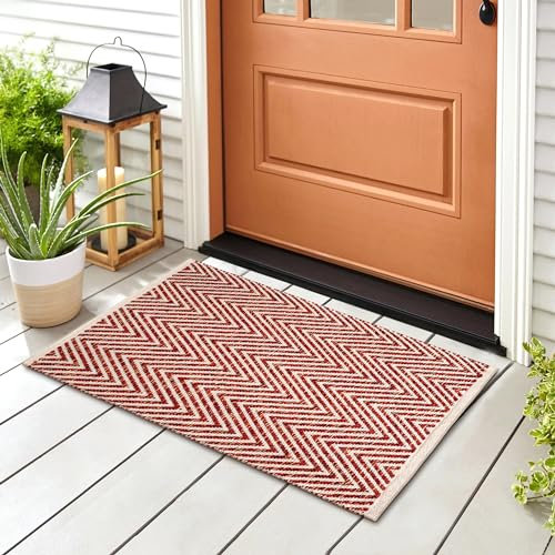 Cotton Chevron Hand Woven Area Rug 2x3 Feet - Red, Accent Soft Decorative Reversible Floor Throw Carpet Ideal for Entryway, Kitchen, Nursery | Small Durable Farmhouse Washable Home Space Décor Mat