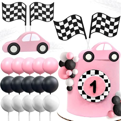 JeVenis Pink Race Car Cake Decorations Car Cake Topper Checkered Flag Cake Topper Growing Up Two Fast Birthday Decor For Birthday Decorations