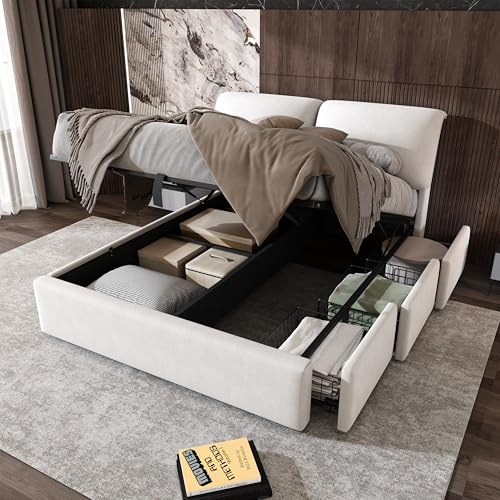Dolamaní Jugendbett Polsterbett 140x200 cm Samt, Boxspringbett Bett mit 1 Hydraulisches Bettkästen & 3 Schubladen, Lattenrost mit Verstellbares Kopfteil, Weiß