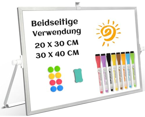QUEENLINK Whiteboard Magnetisch, Beidseitige Verwendung Desktop Magnettafel klein, White Board Klein mit Ständer 20x30cm Schreibtafel Abwischbar
