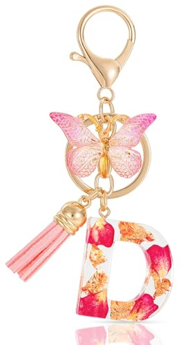 MWOOT Letter Keychain Initiale Schlüsselanhänger Buchstabe,Alphabet Harz Buchstabe mit Blume Key Chain mit Schmetterling Quaste Anhänger Handtasche Charm,Rosa Blütenblatt Keyring für Frauen