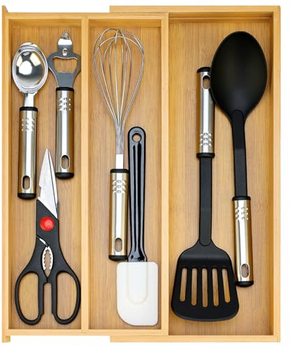 Large Bamboo Silverware Drawer Organizer Tray Kitchen Tool Drawer Divider Organizers Storage Expandable Cooking Utensil Organizer Wooden Cutlery Tray Spoon Flatware Organizers Utensil Holder Drawers