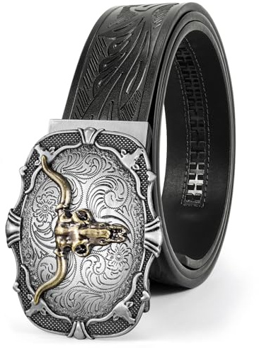 BELTROAD Herrbälte med spärrhake westernbälte i läder cowboybälten för män med automatiskt västernspänne för jeans julklappar, Koppar Bull-svart (38 mm), for Wasit 34-39