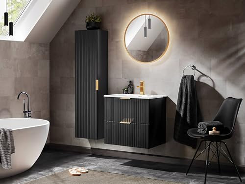 Easy4You Set AS Schwarz: Unterschrank 80 cm mit 2 Schubladen + 35x140 cm Seitenschrank Hängeschrank Badschrank Badezimmerschrank Soft-Close Badmöbel-Set Geriffelte Fronten