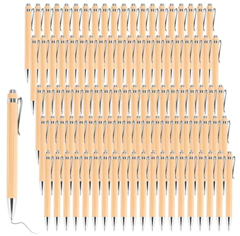 caapmony Set di 100 penne a sfera in bambù, penne personalizzate per ufficio e scuola, inchiostro nero