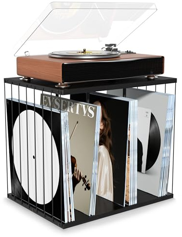 Emfogoo Caisse à vinyles en bois, support vinyles, style vintage multifonctionnel Meuble pour vinyle avec 3 compartiments, support jusqu'à 100 albums, pour salon ou bureau (Noir)