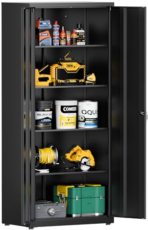 LVSTEEL Aktenschrank, abschließbarer Mehrzweckschrank mit 4 höhenverstellbaren Einlegeböden, Stahl-Büroschrank mit 2 Türen, Schwarz, 181.5×80×40 cm
