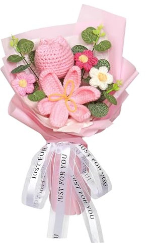 Luckwaii Crochet Bouquet Tulips Artificial Flowers Gifts for Women, Forever Preserved Flower Decorations Handmade Knitted Fake Pink Tulip for Mother's Day Wedding Anniversary Graduation Birthday