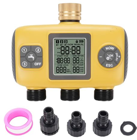 Bewässerungscomputer 3 Ausgänge, Digitaler Bewässerungsuhr mit Regenverzögerung Bewässerungsregler mit LCD-Display, Automatische/Manuell Bewässerungssteuerung
