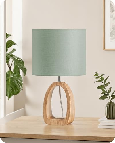 GOEBLESON Nachttischlampe aus Holz mit Leinenschirm, Grüne Tischlampe | Tischleuchte mit Kabel, Fensterbank Lampe aus Leinen, E27 2700K LED-Birne, für Schlafzimmer, Nachttisch, Geschenk, Hotel