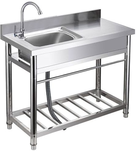 Lavello da Cucina Indipendente con Piano di Lavoro, Rubinetto, Lavandino da Esterno con Scaffale portaoggetti, Kit di scarico per Interni Esterni, 100x50x90 cm