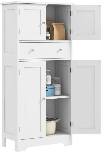 HOMCOM Kitchen Cupboard, Freestanding Modern Kitchen Storage Cabinet with 4 Doors, Drawer and Adjustable Shelf, White