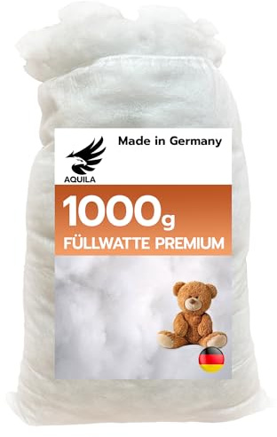 AQUILA Füllwatte 1kg, Kissenfüllung, Bastelwatte, Stopfwatte, antiallergisch, weich & hochflauschig, für Kissen, Kuscheltiere, Puppen, Dekokissen, waschbar – Made in Germany