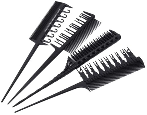 WOONEKY 4 pièces Set de Peignes de Coiffure pour Teinture et Mèches Peignes à Queue Ergonomiques pour Salon et Usage Domestique Outils de Coloration et Soin des Cheveux Noir