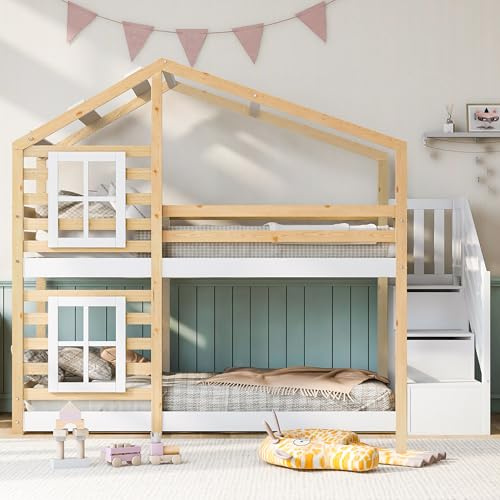 LAKFEW Litera de 90x200 cm para 2 Niños, Cama Infantil con Escalera de Almacenamiento y Diseño de Casa en el árbol, Litera Infantil, Literas con Listones de Madera, Natural+Blanco, Sin Colchon