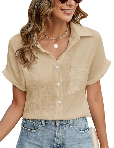 PASUDA Chemisier pour Femme Chemise Élégante à Manches Courtes avec Col en V Chic Chemise Boutons en Coton Lâches Hauts Décontractés de T-Shirt Blouses