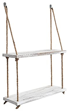 Wall Mounted Floating Shelf 2 Tier Decorative Bathroom with Rope Hanging Plant Outdoor Wood Decor