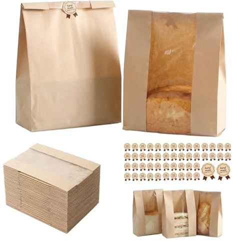 50Pcs Bread Bags for Homemade Bread, Bread Bags with Window, Kraft Paper Bakery Bag Large Bakery Bag for Storage Breads Cookies and Snacks (35 x 21 x 9cm)