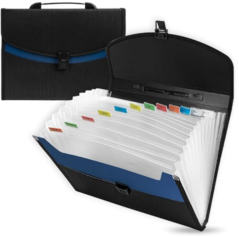 13 Pockets Concertina File Expanding A4, Accordion File Organiser | Handle Design, Portable Expanding Filing Folder with 12 Tabs for Travel School Office Home (Blue)