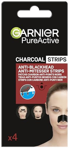 Garnier Pure Active Anti-Blackhead Charcoal Nose Strips, Pack of 4 Nose Strips, Remove Blackheads, Impurities & Excess Sebum, Use on Nose, Forehead and Chin, Dermatologically Tested