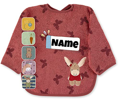 Stickling Sterntaler Baby Lätzchen mit Ärmeln personalisiert | bestickt mit Namen | Langarmlätzchen Baby | personalisiert | Baby Lätzchen (Emily Esel hellrot)