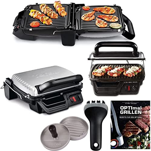 Tefal 3in1 Elektrischer Kontaktgrill, Überback-Funktion und Tischgrill/BBQ Aufklappbar mit doppelter Grillfläche + Hamburgerpresse + Good Grips Grillbürste + Rezeptheft, Antihaft Grill Platten 2000W
