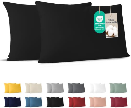 Dreamzie - Funda Almohada 40x70 cm - Juego de 2-100% Algodón - Negro | Certificado Oeko-Tex · con Cremallera · Jersey · 150 g/m² · Transpirable · Lavable · Ideal para Cojín de Sofá y Cama