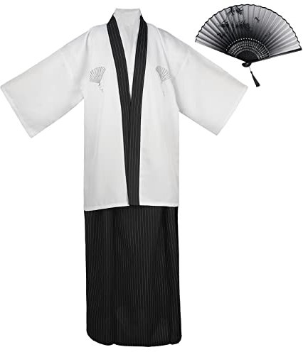KRUIHAN Japanischer Kimono Männer Yukata Kimono Robe Japanische Traditionelle Samurai Uniform Cosplay Kostüm Japanischer Stil Kleidung Haori Jacke Top Hakama Rock Set,Einheitsgröße,Weiß