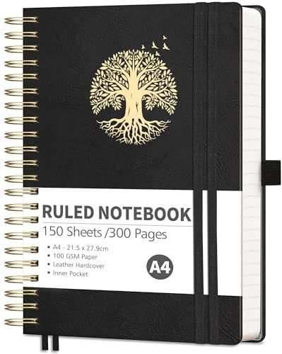 RETTACY Notebook A4, Lined Journal, Hardback Notepad, 300 Pages, Black