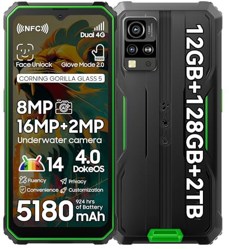 Blackview Rugged Smartphone Android 15, BV4800Pro 12GB+128GB/2TB Expand, 6.56 HD+ Mobile Phones, 16MP Waterproof Phone, 5180mAh, 4G Dual SIM, NFC/Face Fingerprint Unlocked/Glove Mode - Green