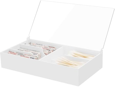 Beautyflier Organizer Case for Band-Aid Flexible Fabric Bandages, Acrylic Holder for First Aid Bandage, Storage Box for Cotton Swab, Pills, Paper Clips, Flip Cover - Anti-Dust, Case Only (White)