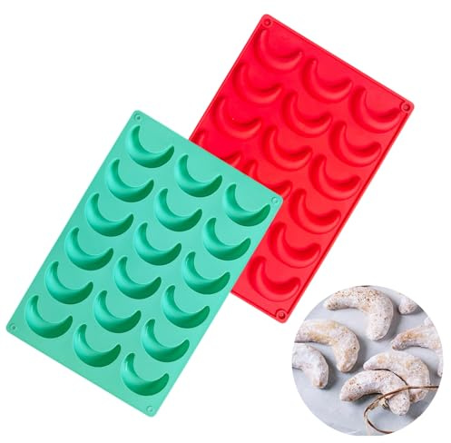 JOYIAL 2 Stück Vanillekipferl Backform Silikon, Vanillekipferl Plätzchenform, Schokoladenformen Geleeformen, Vanillekipferl Backblech Form Silikonform für Schokolade Eiswürfel Pralinen (Grün, Rot)