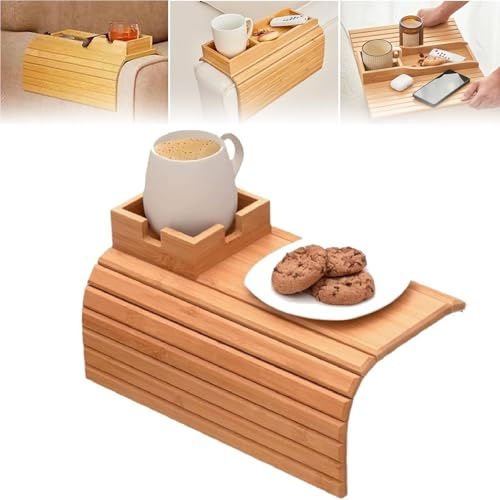Kouamor Foldable Bamboo Sofa Armrest Tray Table, 2-in-1 Detachable Anti-Slip Couch Arm Cup Holder, for Snacks, Phone, Remotes, Drinks, Cup (Brown)