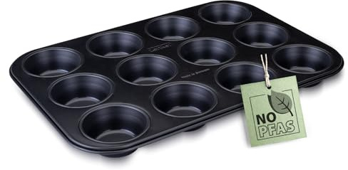 Zenker Perfect Black 12er Muffinform aus Stahlblech – zweifache Antihaftbeschichtung, Hitzebeständig bis 230°C, Ideal für köstliche Muffins - Made in Germany