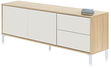 duehome | Modulo de TV 2 Puertas y 2 Cajones, Mueble TV, Modelo Lea, Acabado en Roble Canadian y Blanco Artik, Medidas: 130 cm (Ancho) x 47 cm (Alto) x 41 cm (Fondo)