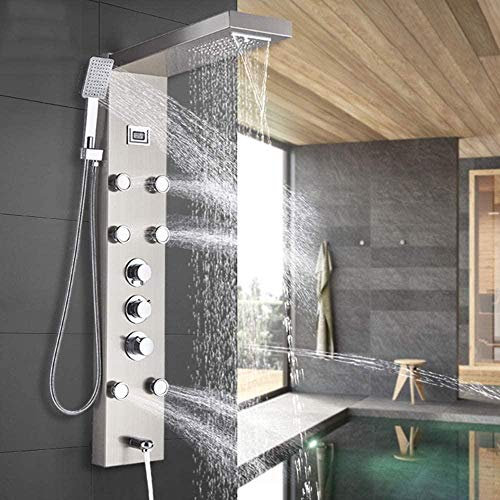 SnamicE Colonne de Douche thermostatique avec pommeau de Douche à Effet Pluie et Cascade, avec Jets à Main, Bec de Baignoire, Montage Mural en Acier Inoxydable,