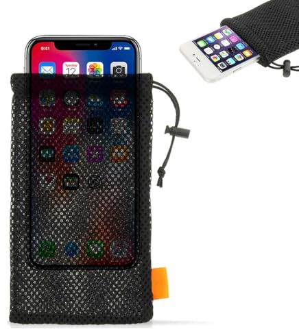 GNALIA Mobile Phone Case, Pack of 2, Black, Universal Mesh Bag for Smartphones up to 6.5 Inches, Nylon Mesh Bag with Headphone Pocket, Standard Size 18.5 x 9 C