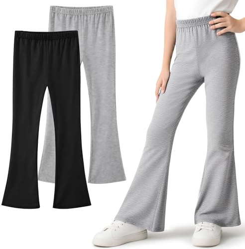 Domueay Leggings Flared Bambina Cotone Pantaloni Svasati Morbidi Traspirante e Comodi, Confezione da 2, Elasticizzati Ragazze Sportive Danza Abbigliamento per 5-6 Anni, Nero&Grigio