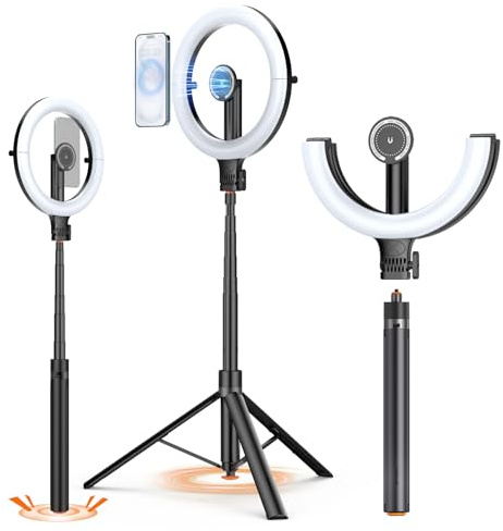 10.2 Magnetic Ring Light with 64 Tripod for iPhone Mag Safe, 5000mAh Rechargeable Ring Light with Stand, 3000k-6500K Phone Tripod with Light for Video, Photography, Live Stream, TikTok, YouTube