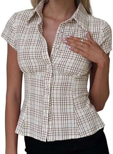 Women Y2K Button Down Fitted Shirt Short Sleeve Lapel Collar Blouse Shirt V Neck Coquette Going Out Top