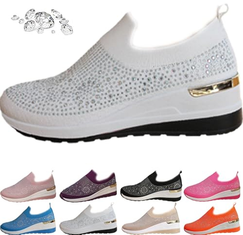Chaussures de sport à paillettes pour femme, baskets tricotées avec strass, chaussures de marche tendance en maille respirante, blanc, 39 EU