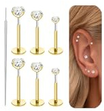 20G Threadless Flat Back Earrings Stud, 3 Pairs Gold Silver Hypoallergenic 316 Surgical Steel Tragus Labret Cartilage Helix Piercing Jewellery Push in Flatback Nose Stud Earrings for Women Men (Gold)