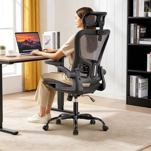 COMHOMA Bürostuhl, Schreibtischstuhl, ergonomischer Netzstuhl, mit doppellagigem Netzgewebe, atmungsaktiv, Adaptive Lendenstütze, verstellbare Kopfstütze, für Homeoffice, Drehstuhl 150 kg, Schwarz