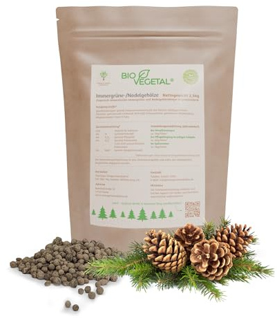 BioVegetal Immergrüne Pflanzen und Tannendünger mit Guano und natürlicher Langzeitwirkung durch Fixierung der Nährstoffe durch Ton-Humus-Komplex, 2,5 kg Eimer