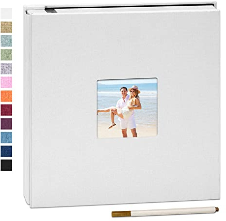 Yopih Self Adhesive Photo Album 33x32cm Fits 10x15 8x13 13x18 15x20 20x25 cm Photo Scrapbook with Window 40 Pages Linen Cover with A Metallic Pen DIY Memory Book for Baby Wedding Family White