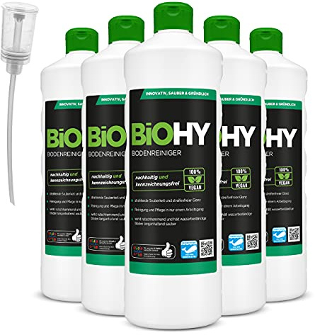 BiOHY Bodenreiniger (6 x 1 Liter) + Dosierer | Konzentrat für alle Reinigungsgeräte und alle Hartböden | angenehmer Geruch und streifenfreie Reinigung | ideal für Laminat, PVC & Stein | Bio Konzentrat